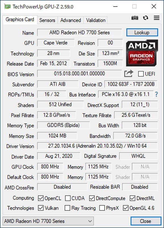 中古グラフィックカード 表示確認 WinXP～Win10 LINUX ★ HIS AMD Radeon HD 7750 GDDR5 1024MB 128bit DVI/HDMI/DisplayPort #2813-Kの画像4