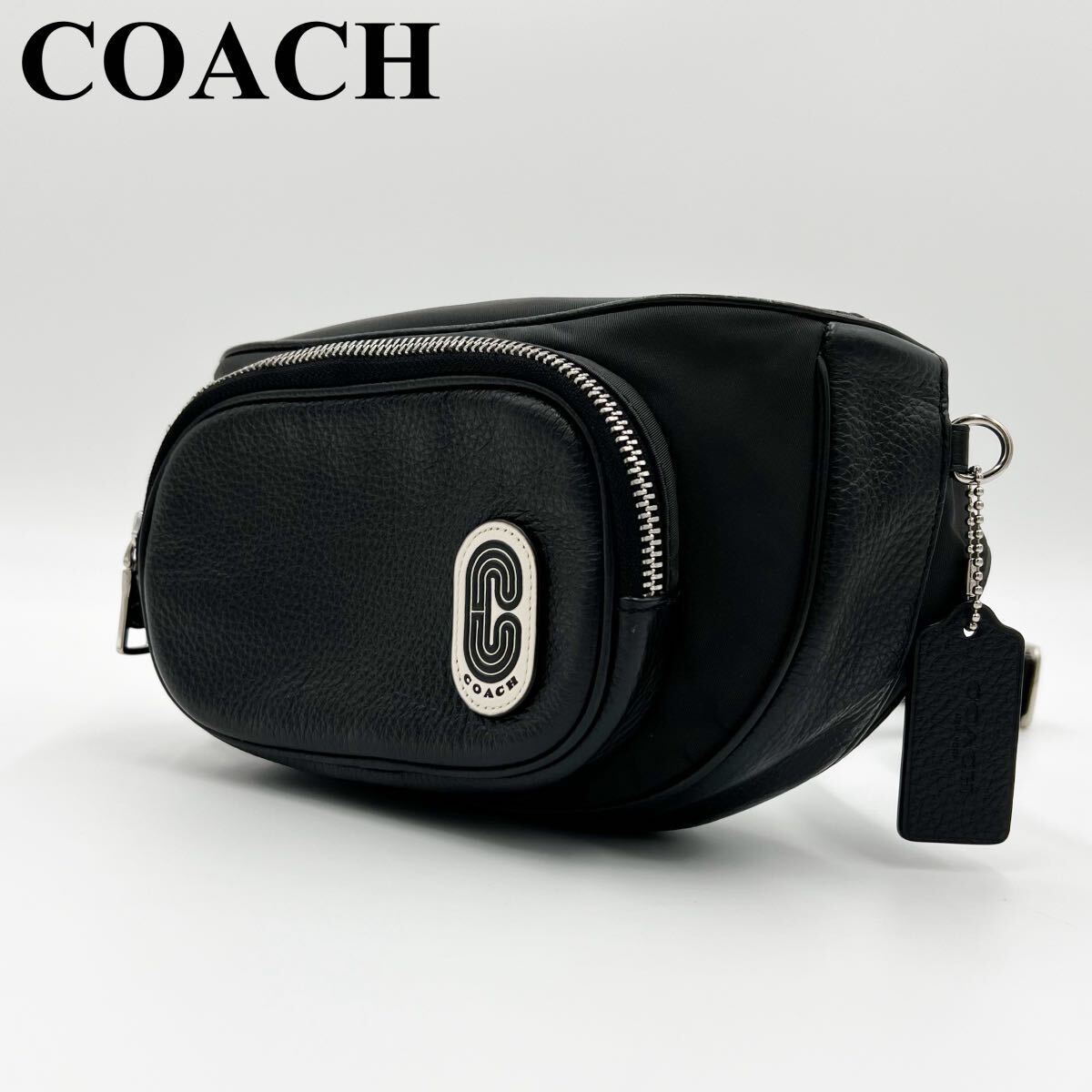 【極美品/現行】COACH コーチ メンズ スリム 肩掛け クロスボディ ウエスト ショルダー バッグ シボ革 レザー ナイロン ブラック 黒_画像1