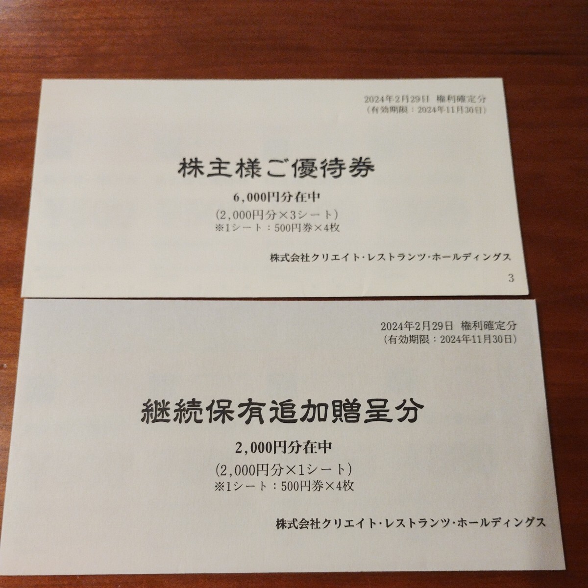 クリエイトレストランツ 8000円分　株主優待　2024年11月30日まで　優待券　株主優待券 クリレス_画像1