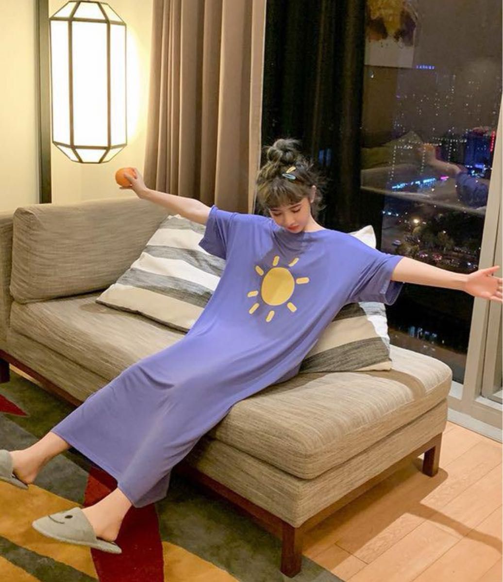 ワンピースパジャマ パープル 太陽 M パジャマ 部屋着 半袖 夏 韓国 とろみ ナイトウェア