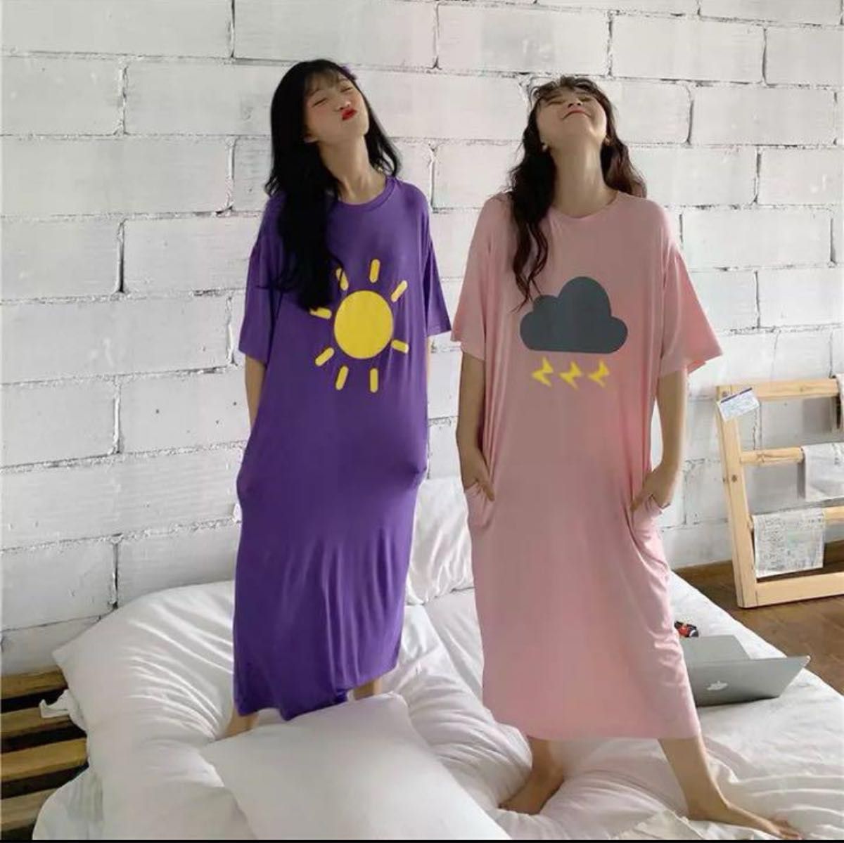 ワンピースパジャマ パープル 太陽 M パジャマ 部屋着 半袖 夏 韓国 とろみ ナイトウェア