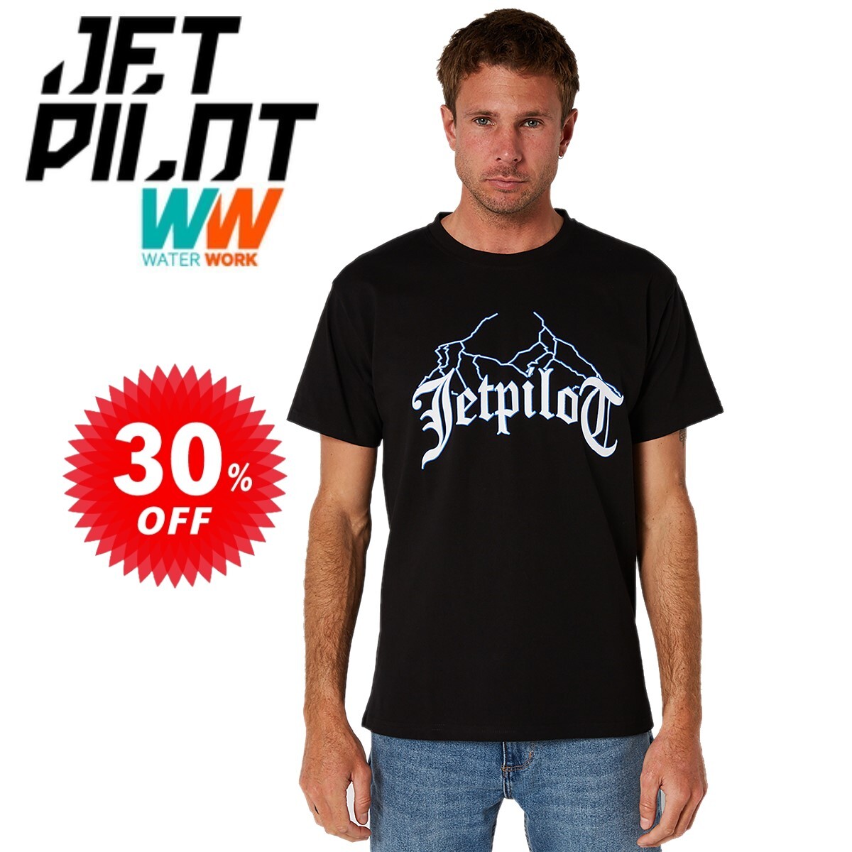 ジェットパイロット JETPILOT セール 30%オフ Tシャツ メンズ 送料無料 ライトニング SS Tシャツ ブラック/ブルー M W22605_画像1