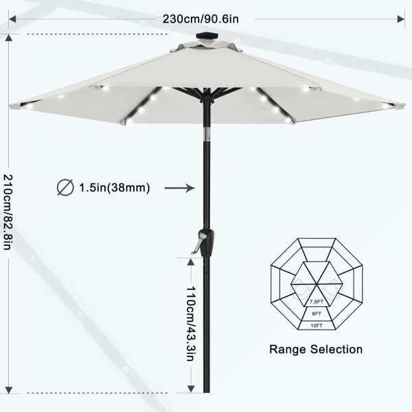 LED light attaching aluminium garden parasol tilt function crank opening and closing sunshade water-repellent outdoor commercial (230cm, ivory )