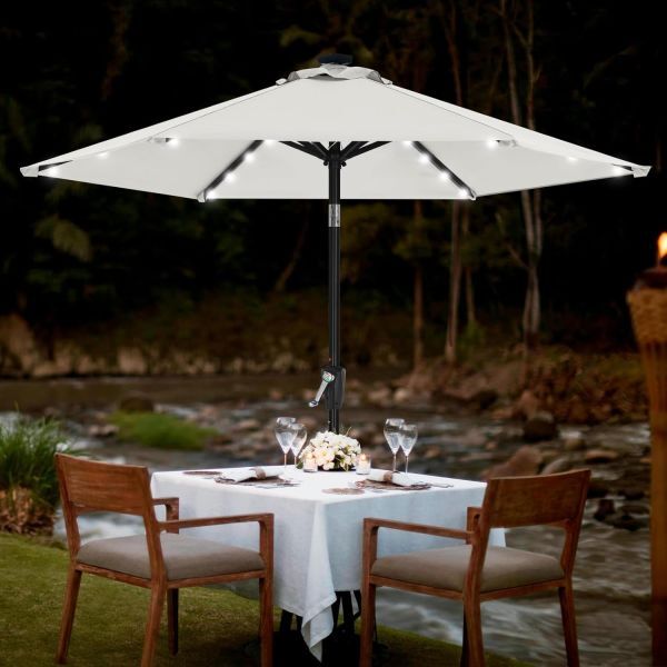 LED light attaching aluminium garden parasol tilt function crank opening and closing sunshade water-repellent outdoor commercial (230cm, ivory )