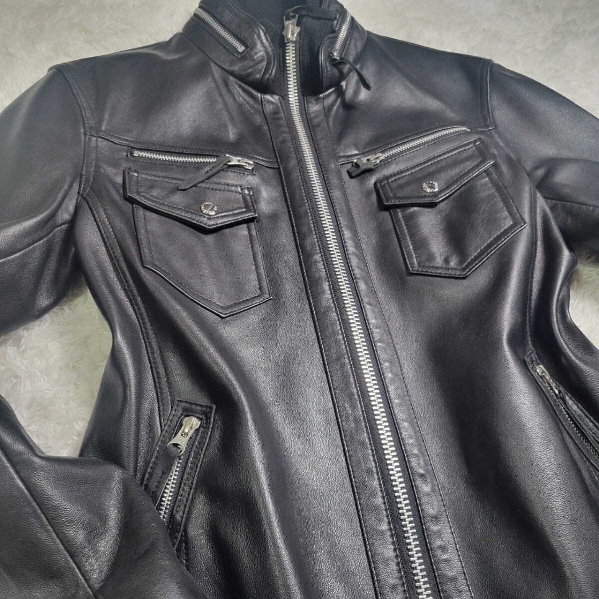  beautiful goods rare L neutral Infinity ram leather peiz Lee sheep leather single rider's jacket black double Zip NEUTRAL INFINITY