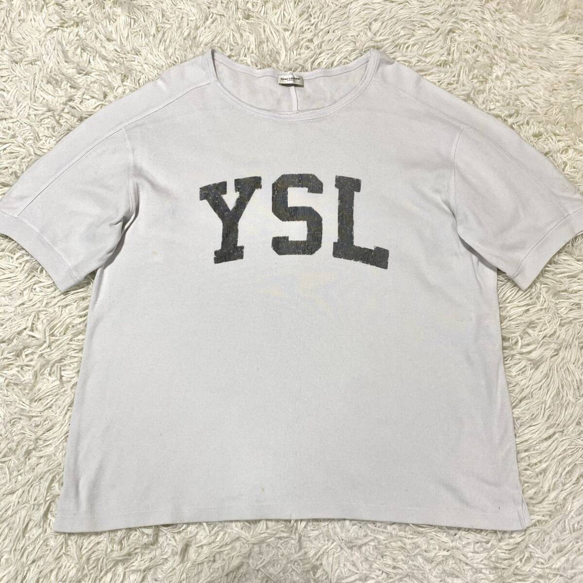  sun rolan Paris [ present beautiful goods / rare size /. slope wide . have on ]SAINT LAURENT Vintage YSL Logo T-shirt short sleeves XXL size gray series men's 