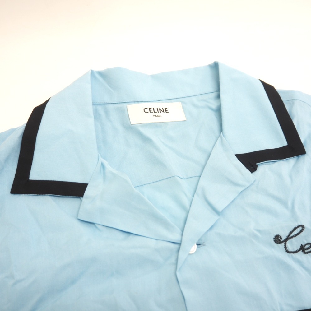 CELINE/セリーヌ 2C516852C ルーズボーリングシャツ ロゴ刺繍 レーヨン 半袖シャツ ブルー メンズ ブランド_画像5