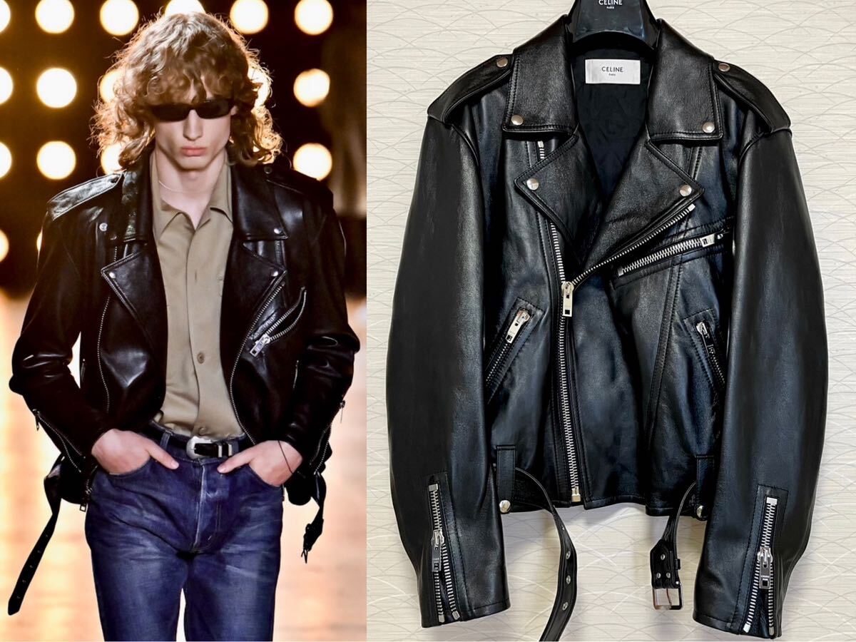 23SS Celine oversize double leather rider's jacket 46 Celine Eddie abrasion man leather blouson 