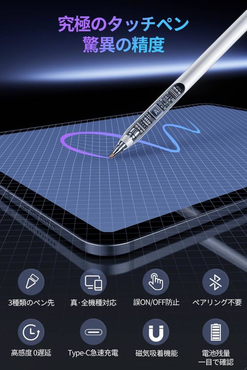 高品質 タッチペン apple pencil互換スタイラスペン iPad用ペンシル 軽量 耐久 iPad/iPhone/Android/スマホ/タブレット_画像3