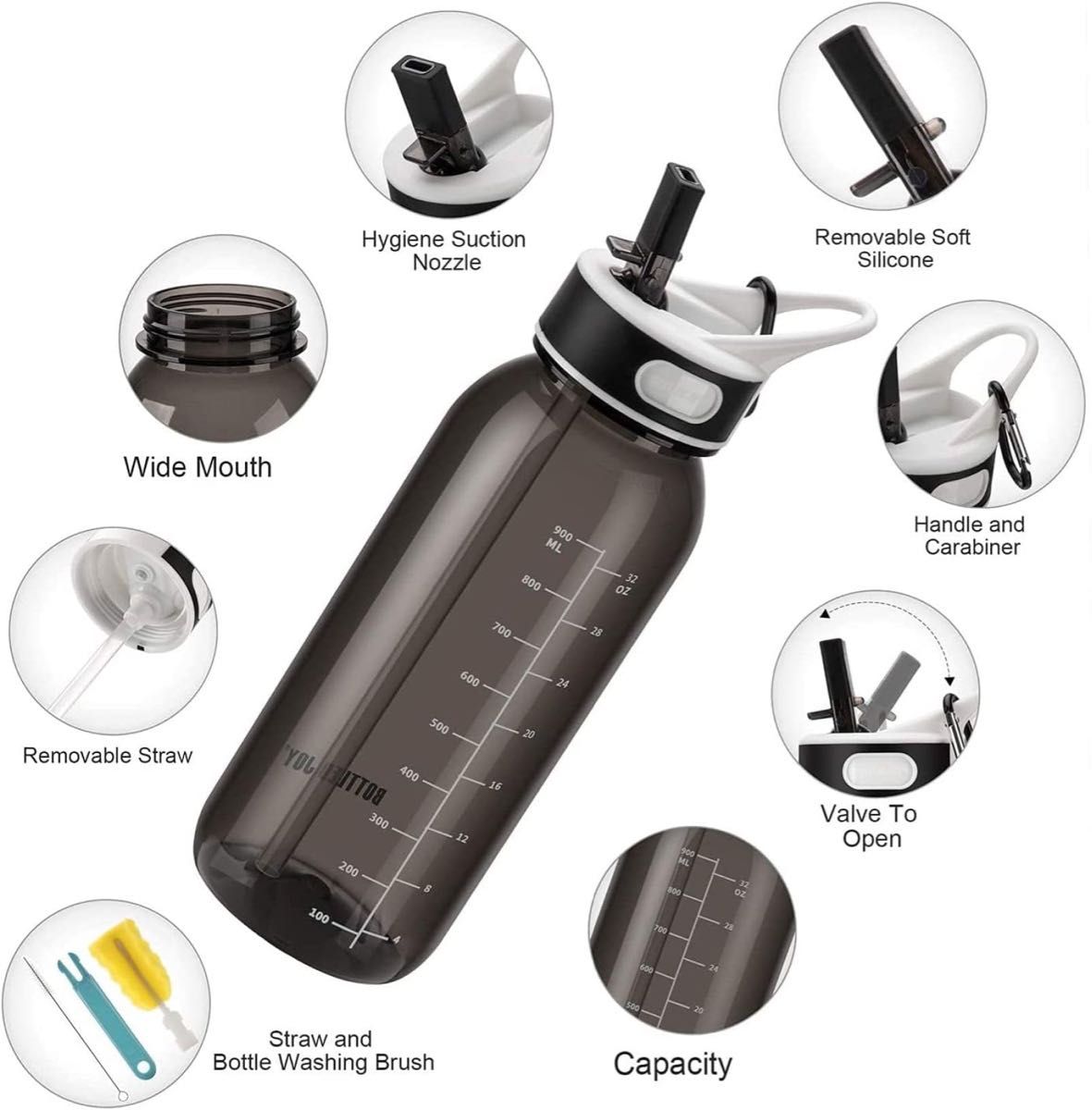 水筒　ウォーターボトル　1000ml 黒　ブラック　漏れない　ストロー　アウトドア　ジム　BPAフリー