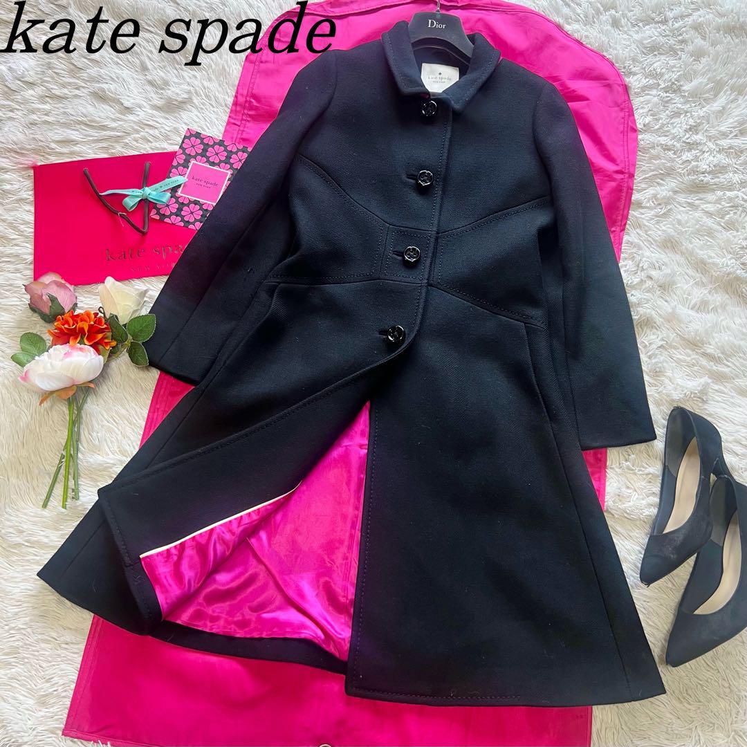 【良品】kate spade ロングコート ブラック ピンク リボン 6 L ケイトスペード 黒
