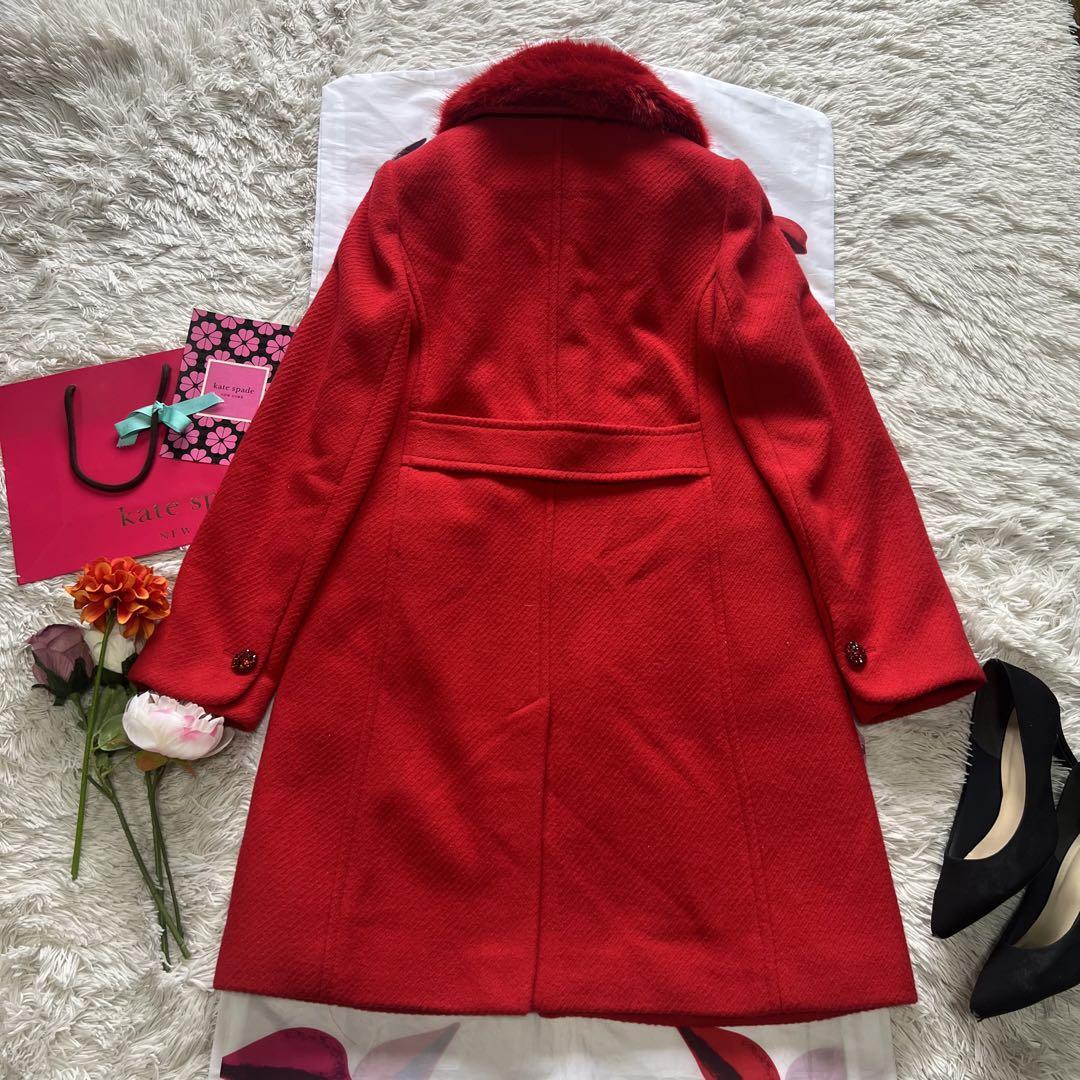 美品】kate spade ファー襟ロングコート レッド M ケイト 美品】kate spade ファー襟ロングコート レッド M ケイト
