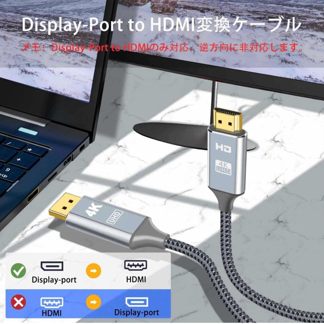 Display-Port to HDMI変換ケーブル 4K 解像度 1.8M ディスプレイ-ポート to HDMI オスにオス ビデオ オーディオ同期出力 ミラーモード 1.8M