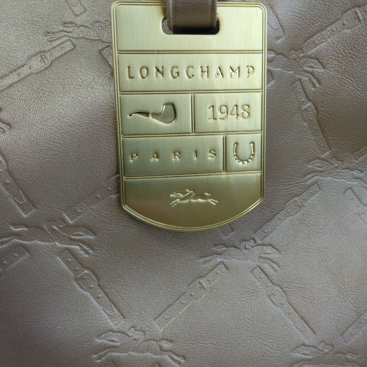 LONGCHAMP ロゴ型押し レザー トートバッグ ブロンズゴールド 総柄