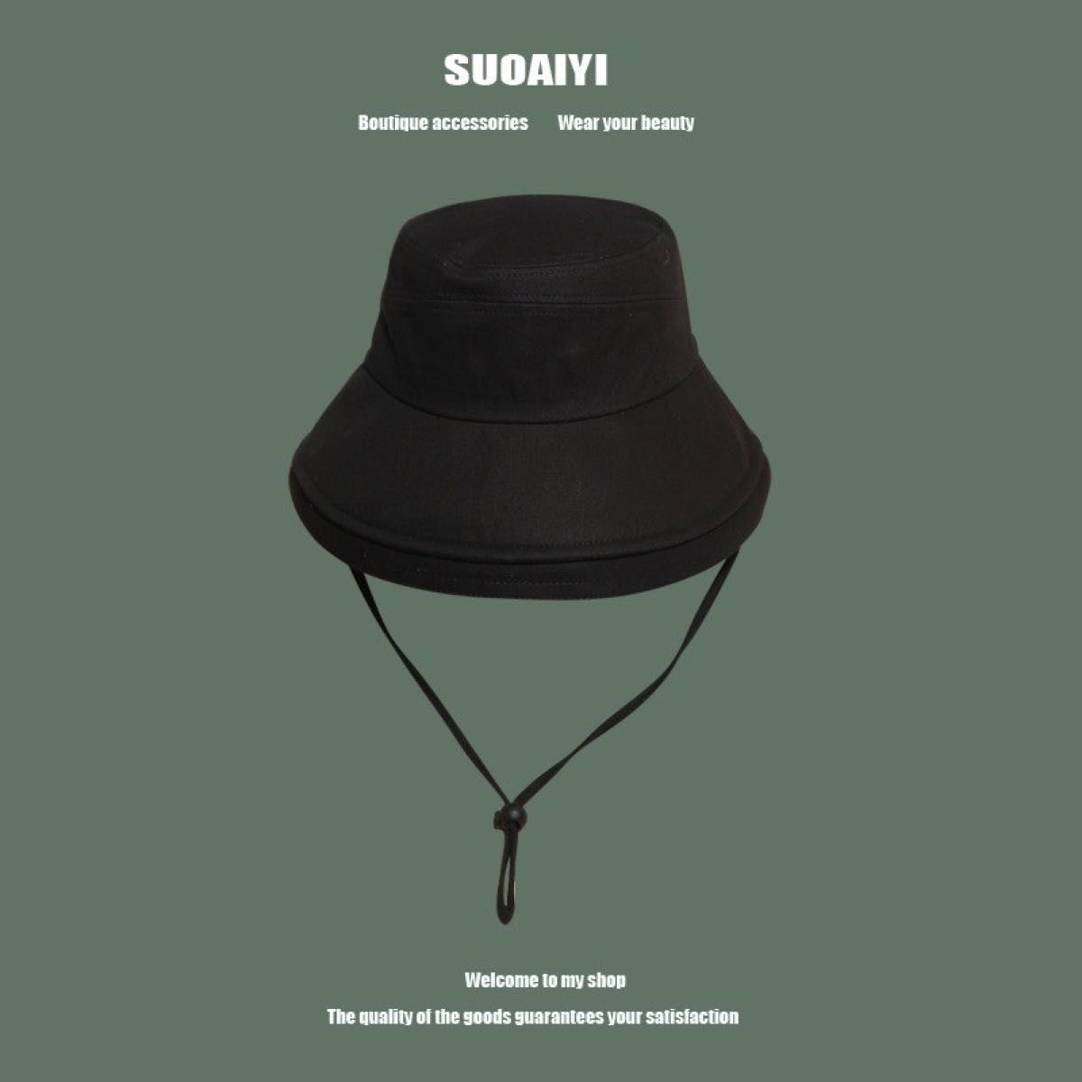 大人気　新品　つば広 バケットハット 紐付き 帽子 レディース UVカット 夏 韓国 綿 ブラック