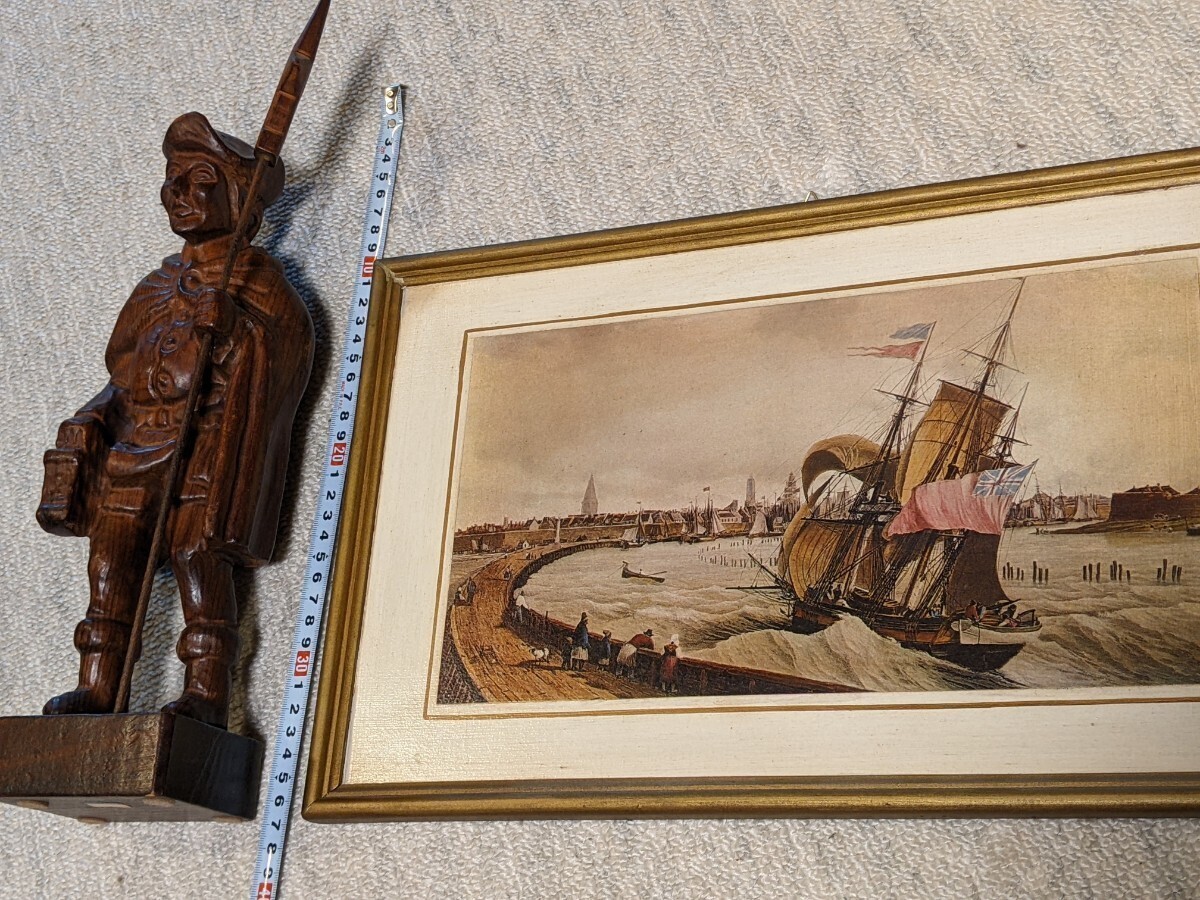 スペイン製　木像　彫刻　絵画セット　帆船　アンティーク_画像9