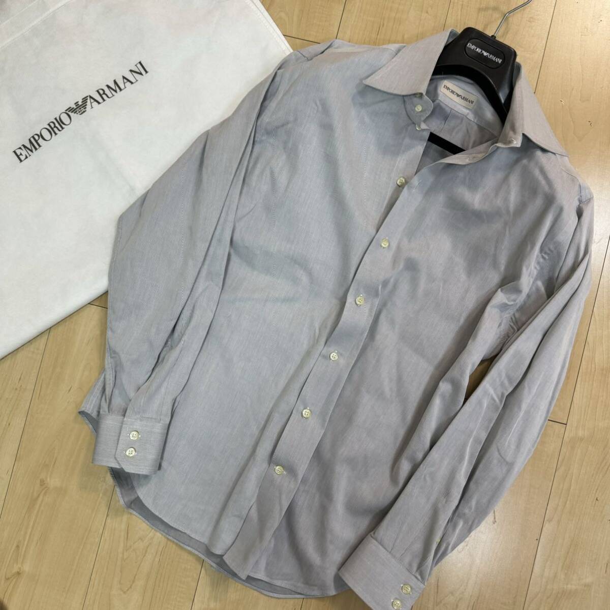 美品/XL相当◎エンポリオ アルマーニ EMPORIO ARMANI ストライプ シャツ ロング 長袖 美シルエット ブルー 青 メンズ 清涼感の画像2