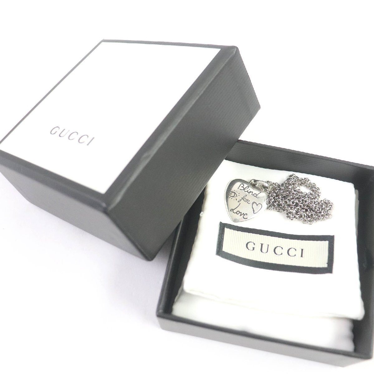 良品□GUCCI グッチ 455542 ブラインドフォーラブ AG925 ハート ペンダント ネックレス シルバー イタリア製 重量12.3g レディース_画像2