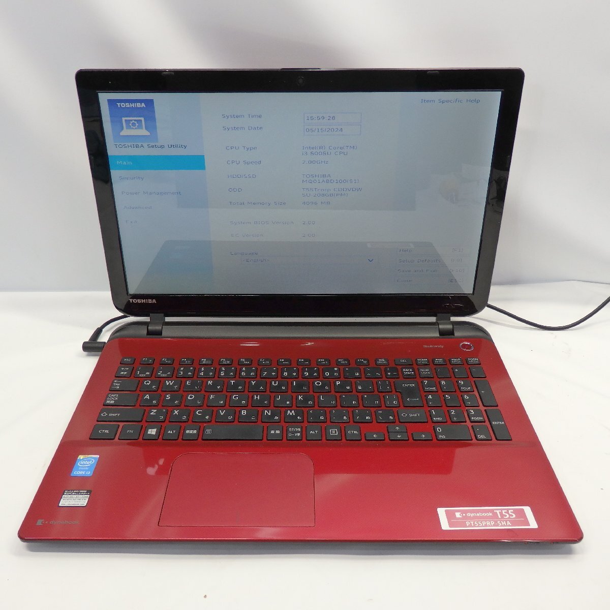 DynaBook T55/PR Core i3-5005U 2GHz/4GB/HDD1TB/DVDマルチ/15インチ/OS無/動作未確認【栃木出荷】_画像1