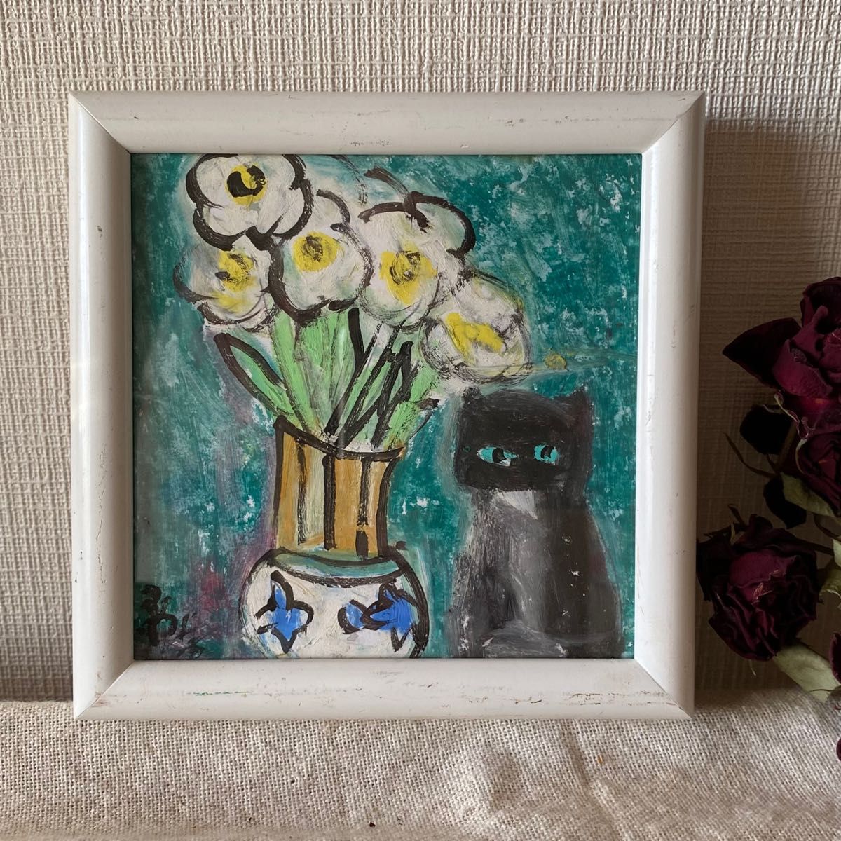 絵画。原画【黒猫は花瓶に咲いている美しいランが大好き】
