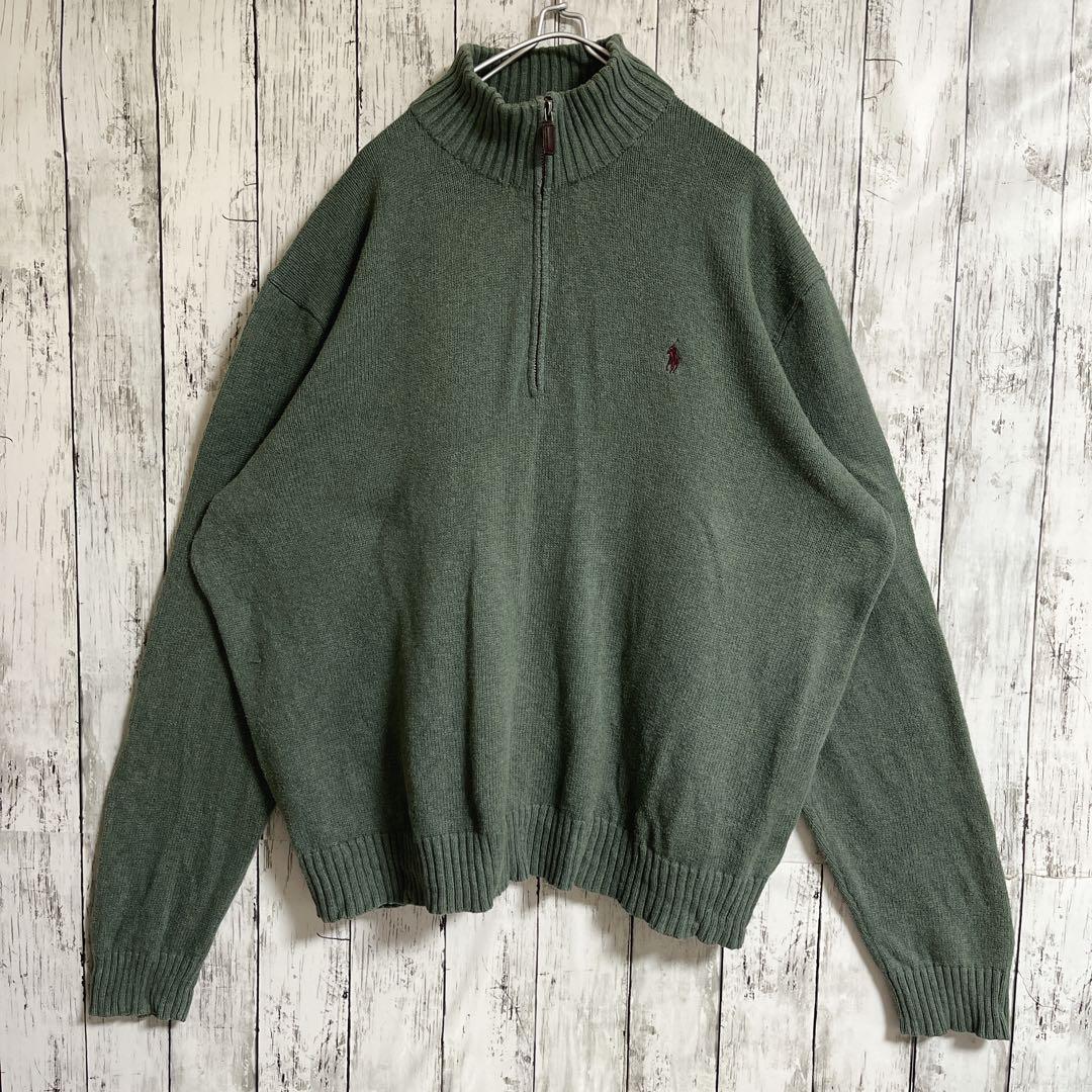 90's Ralph Lauren ラルフローレン ハーフジップ コットンニット 2XL 緑系 ワンポイント 刺繍ロゴ 90年代ヴィンテージ HTK3883