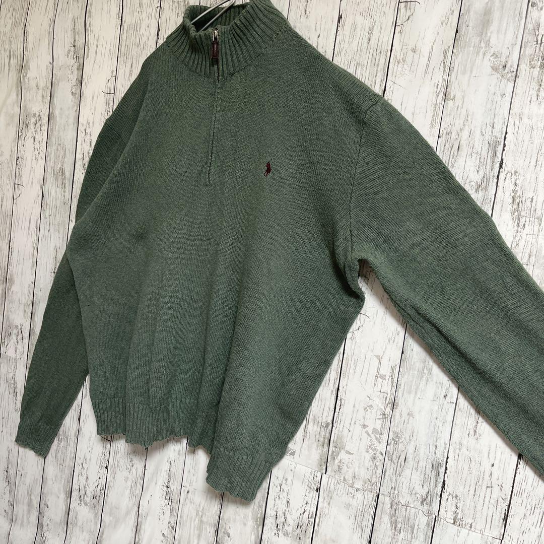 90's Ralph Lauren ラルフローレン ハーフジップ コットンニット 2XL 緑系 ワンポイント 刺繍ロゴ 90年代ヴィンテージ HTK3883