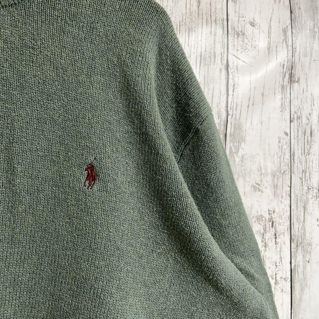 90's Ralph Lauren ラルフローレン ハーフジップ コットンニット 2XL 緑系 ワンポイント 刺繍ロゴ 90年代ヴィンテージ HTK3883