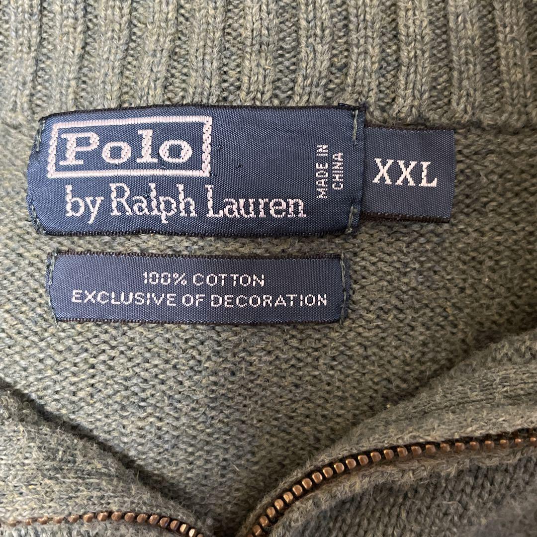 90's Ralph Lauren ラルフローレン ハーフジップ コットンニット 2XL 緑系 ワンポイント 刺繍ロゴ 90年代ヴィンテージ HTK3883