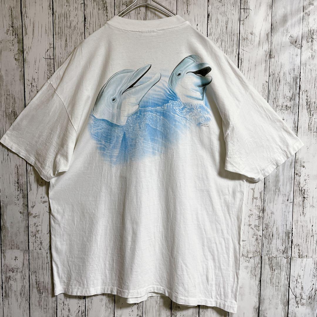 90's Hanes ヘインズ USA製 アメリカ製 ビンテージTシャツ 2XL 白 アート系 イルカ アニマル ヴィンテージ シングルステッチ HTK3907_画像3