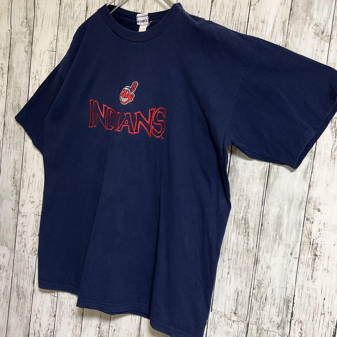 90's MLB メジャーリーグ インディアンズ ビンテージTシャツ XL 紺 ネイビー 刺繍 90年代ヴィンテージ シングルステッチ HTK3936