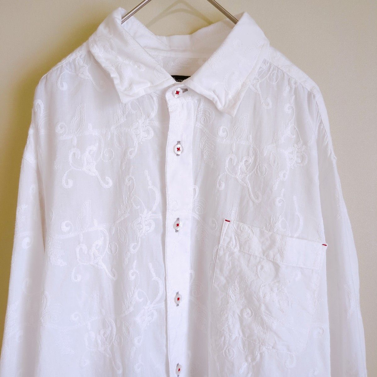 barassi メンズ シャツ トップス 刺繍 ホワイト 総柄 サイズ48 ボタンダウン 長袖シャツ