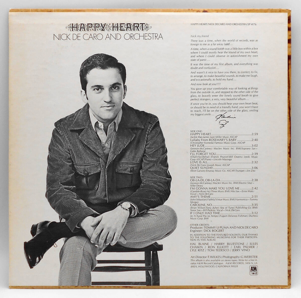 ★美品 US ORIG 白プロモ LP★NICK DE CARO/Happy Heart 1969年 SOFT ROCK名作 Pro.TOMMY LiPUMA(ROGER NICHOLS) 最初期 高音質 PROMO WLP_画像2