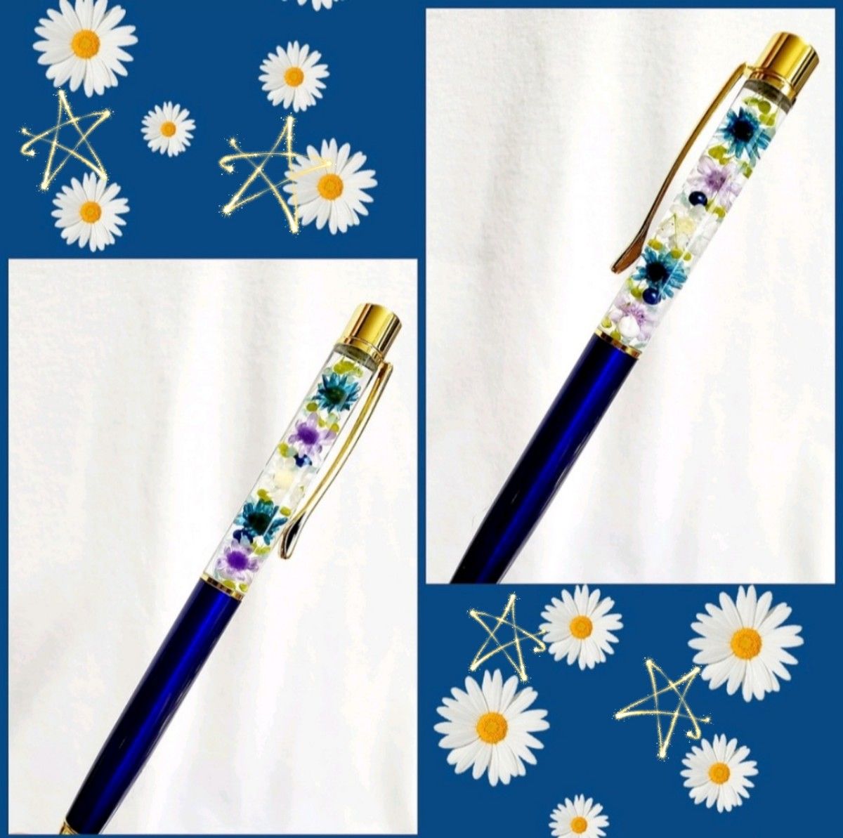 ハーバリウムボールペン 花たっぷり ダークブルー 濃い青 プレゼント プチギフト 可愛い 完成品 オシャレ 贈り物