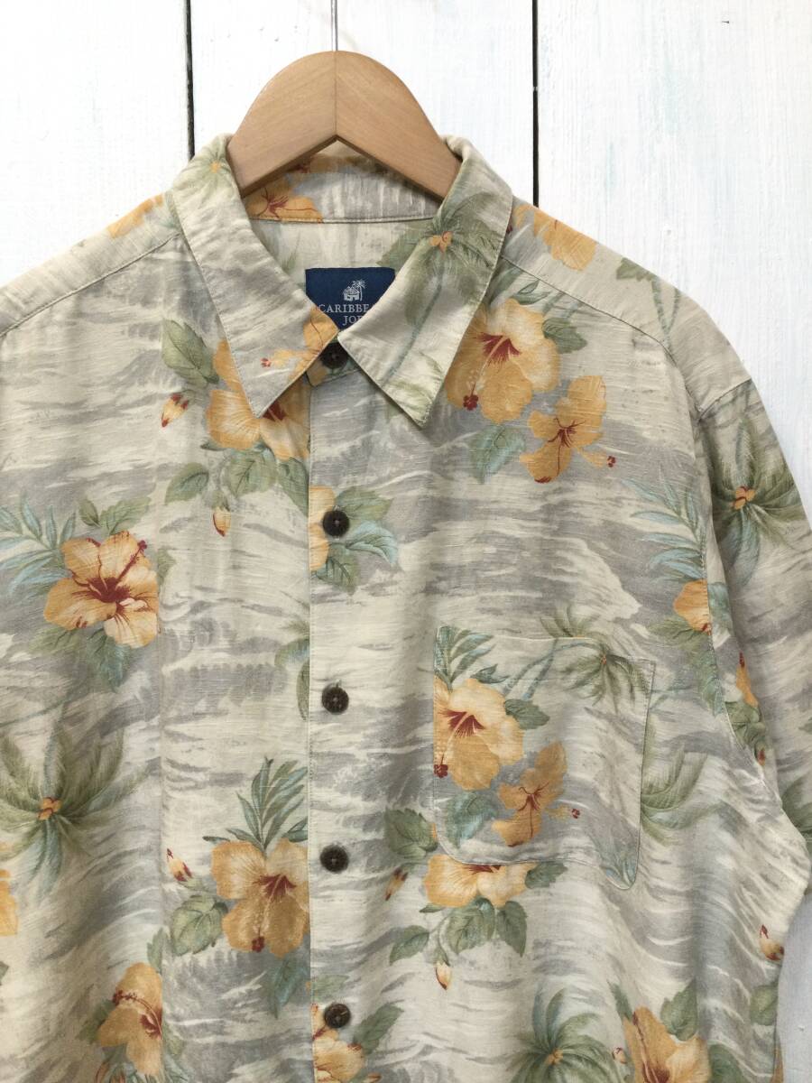 CARIBBEAN JOE アロハシャツ ハワイアン シルク半袖シャツ メンズXL 良品ダメージあり_画像2