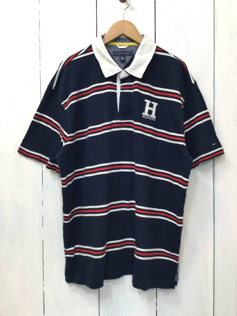 TOMMY HILFIGER トミーヒルフィガー ラガーシャツ コットン半袖ポロシャツ 袖ロゴ メンズXL 良品綺麗 _画像1