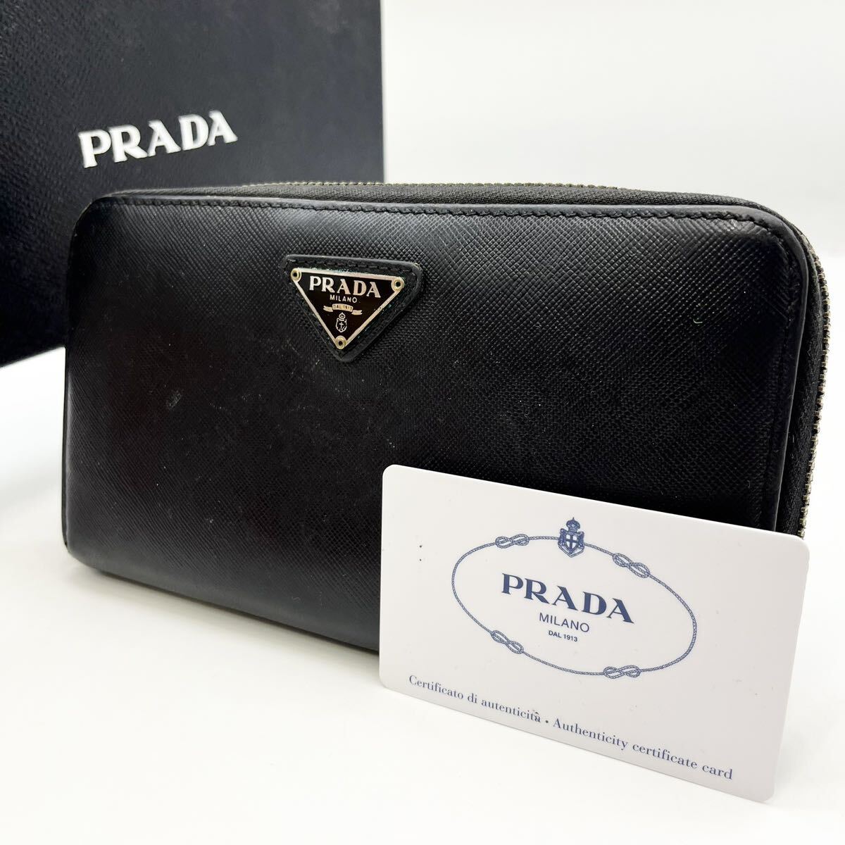 1円〜 美品 PRADA プラダ メンズ レディース 長財布 大容量 ファスナー ジップ 三角プレート ロゴ サフィアーノレザー ブラック 黒 高級感_画像1