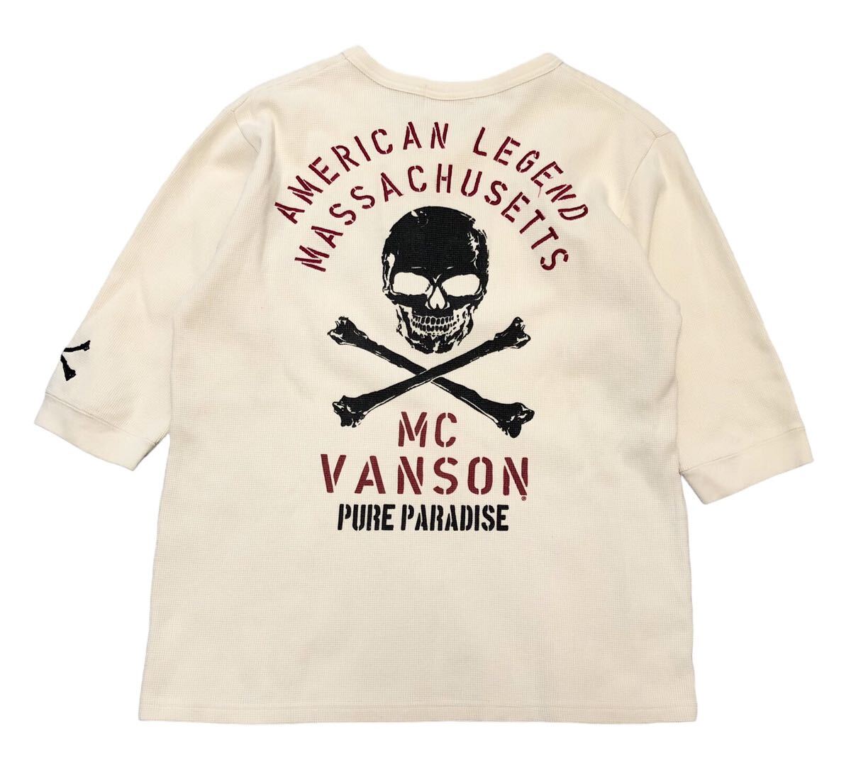998◆VANSON バンソン◆ビッグロゴ スカル クロスボーンプリント 刺繍 サーマル地 七分袖 Tシャツ オフホワイト Mの画像3