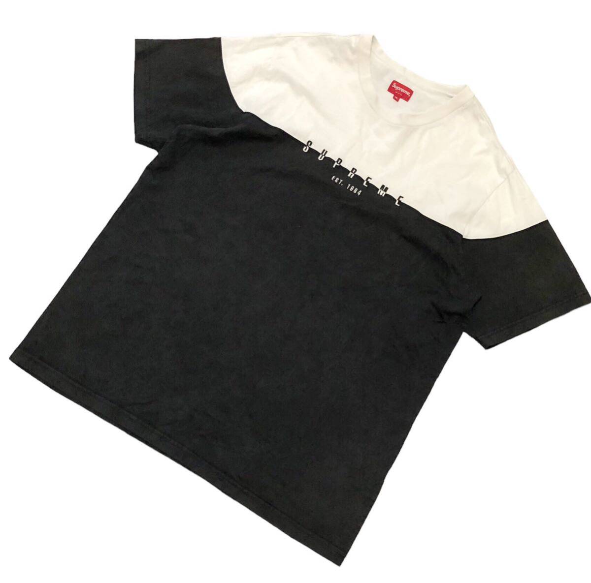 999◆Supreme シュプリーム◆18FW Split Logo ロゴ刺繍 バイカラー コットン 半袖 Tシャツ ホワイト×ブラック XLの画像4