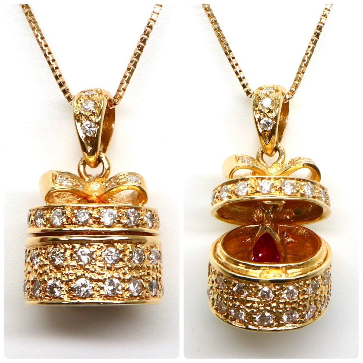 豪華!!開閉可能!!◆K18 天然ダイヤモンド/天然ルビーネックレス◆M 約7.4g 約45.5cm diamond necklace EG1/EG1の画像1