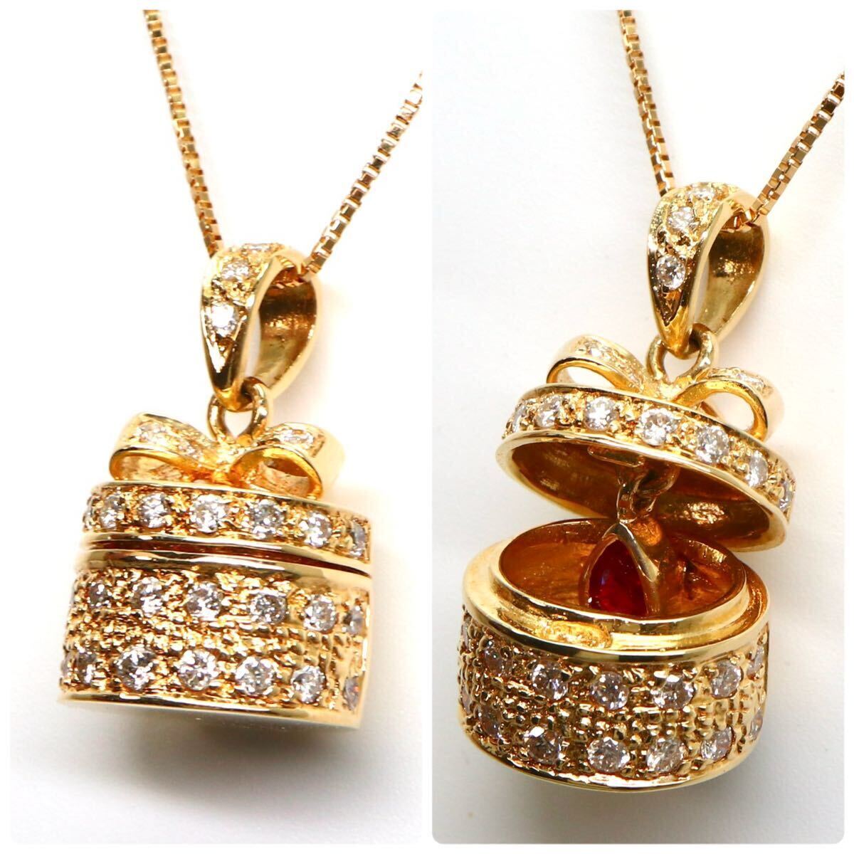 豪華!!開閉可能!!◆K18 天然ダイヤモンド/天然ルビーネックレス◆M 約7.4g 約45.5cm diamond necklace EG1/EG1の画像2