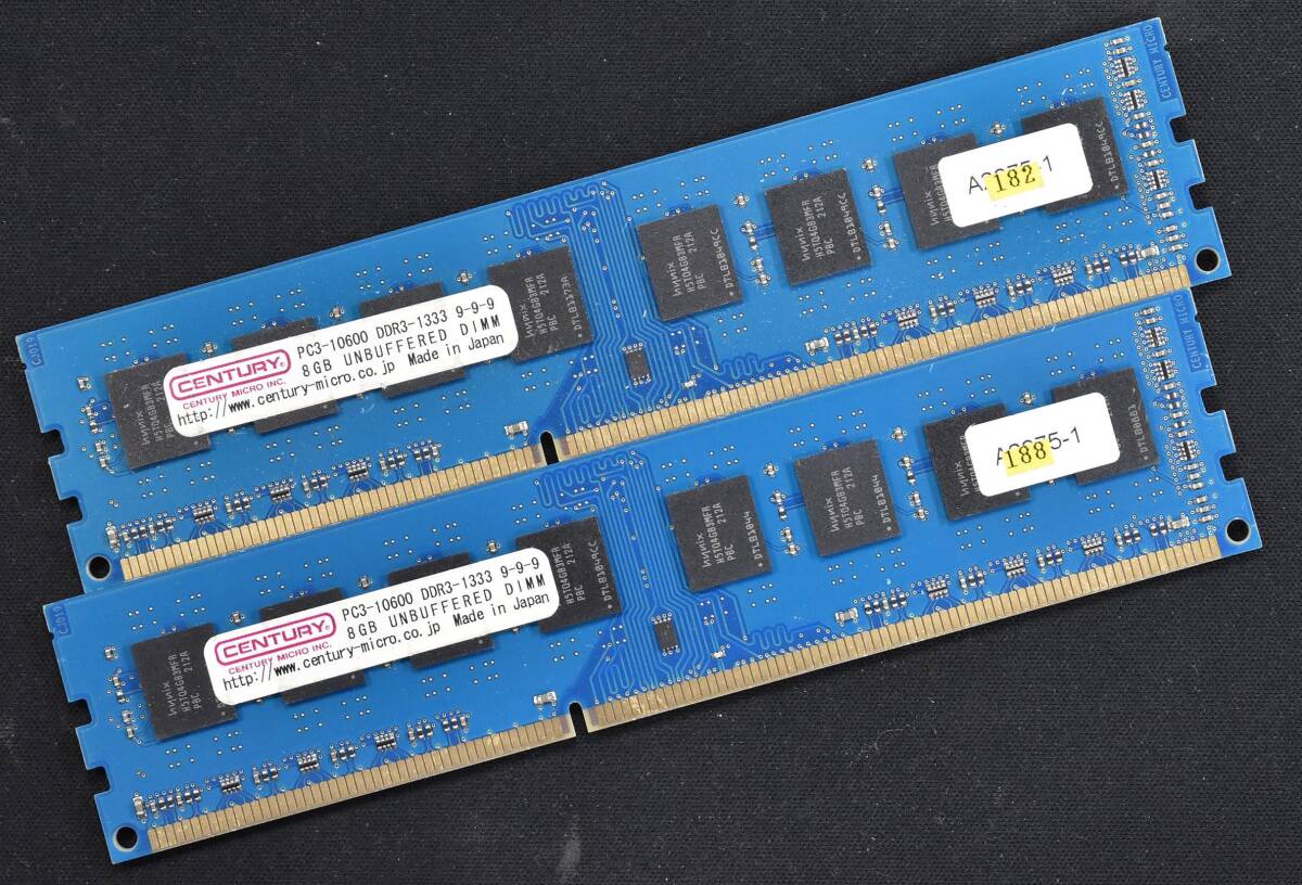 1円スタート 8GB 2枚組 (合計 16GB) PC3-10600 PC3-10600U DDR3-1333 240pin non-ECC Unbuffered DIMM 2Rx8 CenturyMicro (管:SA5850-2(12E_画像1