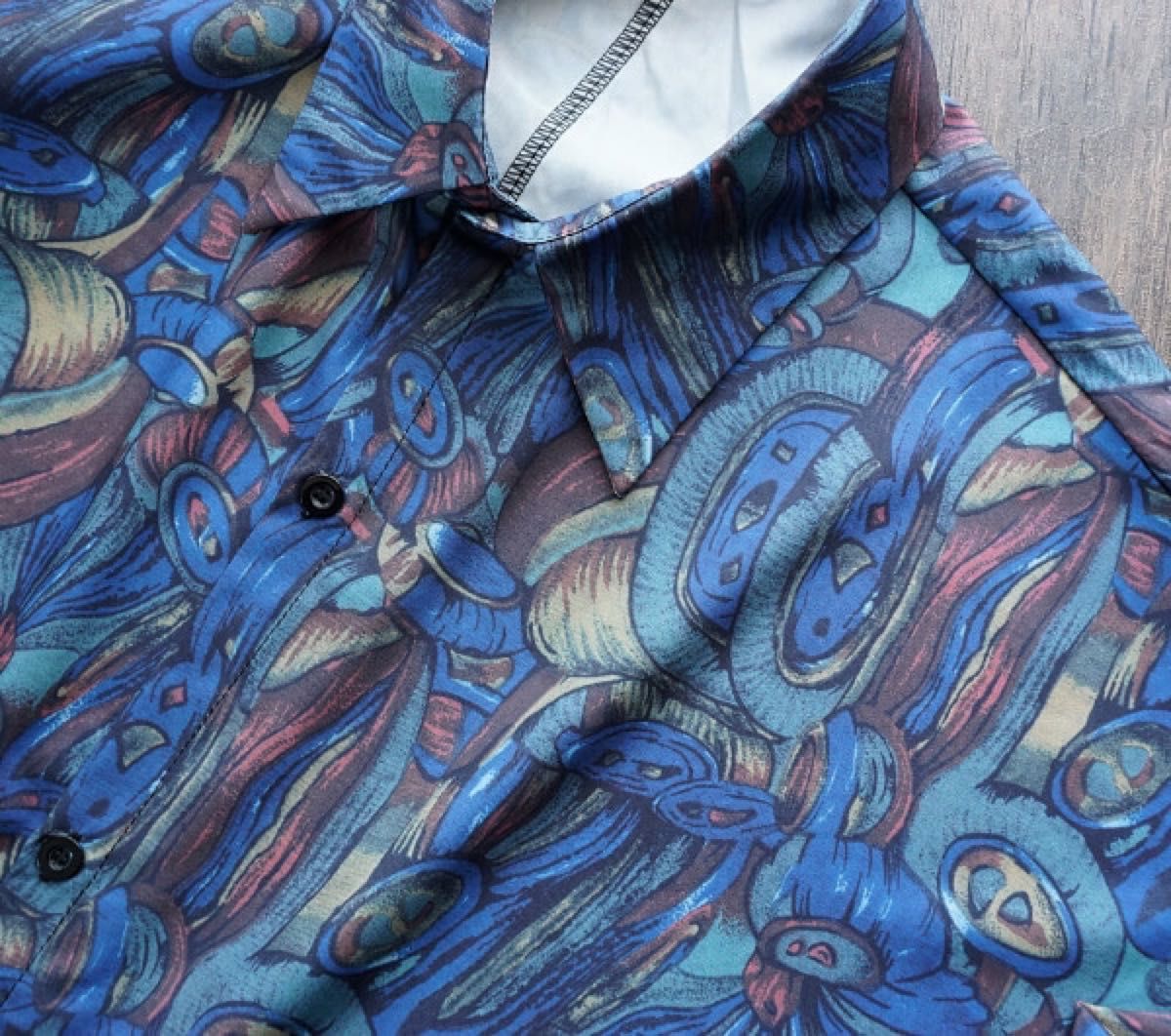 大きいサイズ 青ベース 油絵風 総柄 シャツ 長袖 トップス レトロ ヴィンテージ風 ロング メンズ シャツ きれいめ ブルー