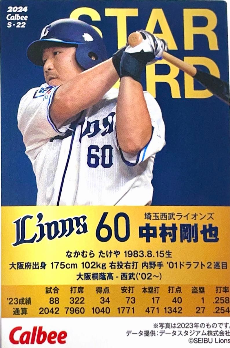 西武ライオンズ  中村剛也選手、金箔サイン入りスターカードＳ-22 プロ野球チップスカード2024