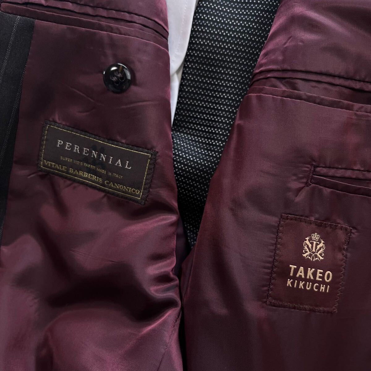  Takeo Kikuchi [ profitable pants 3 pcs set ]TAKEO KIKUCHI suit setup three-piece jacket stripe Brown M rank 