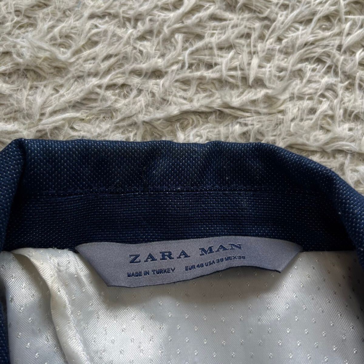 ザラ【鮮やかな色味】ZARA テーラードジャケット　パイピング　総柄　ブルー　L位_画像4