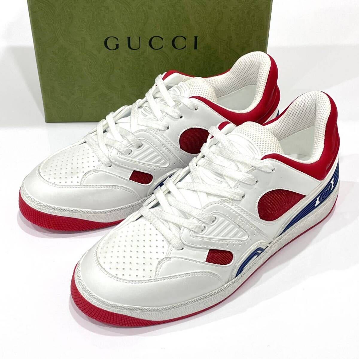 未使用 GUCCI グッチ レザー スニーカー697882 BASKET バスケット メンズ サイズ6(約25.0cm) トリコロール ヴィンテージ加工 箱付き _画像1