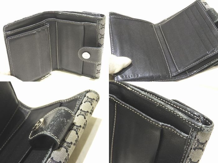 1 jpy start CELINE purse 2 piece set * Macadam pattern canvas × leather khaki series black group compact W hook long wallet V loft 0/6E