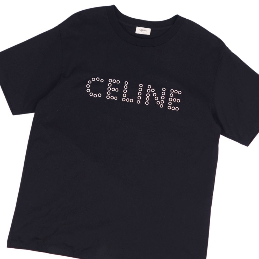 美品 セリーヌ CELINE Tシャツ カットソー ロゴ スタッズ ハトメ コットン トップス メンズ イタリア製 M ブラック cf05od-rm05e27546_画像2