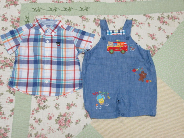  Miki House 80cm Bear . car blue overall & short sleeves check shirt * postage 185 jpy 