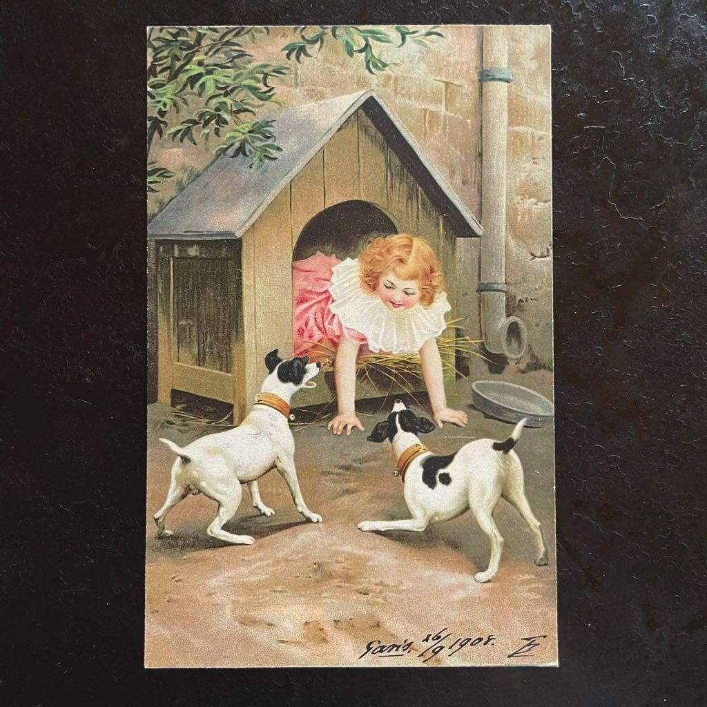 フランス アンティーク ポストカード ★ 1908年消印 ユーモア 犬小屋 子供 女の子 少女 イヌ 犬 絵葉書 古いハガキの画像1
